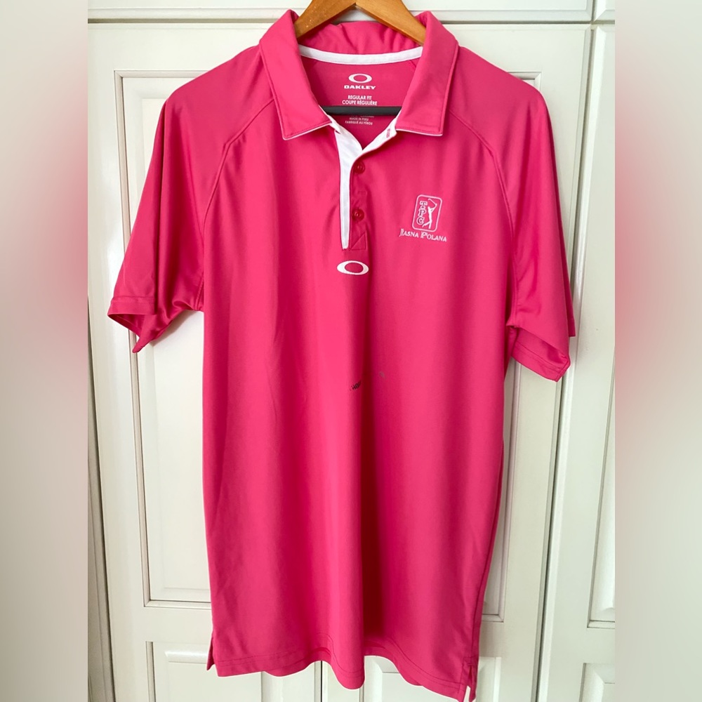 Oakley polo shirt hot pink golf TPC Jasna Polana hydrolix Free shoulder men's M